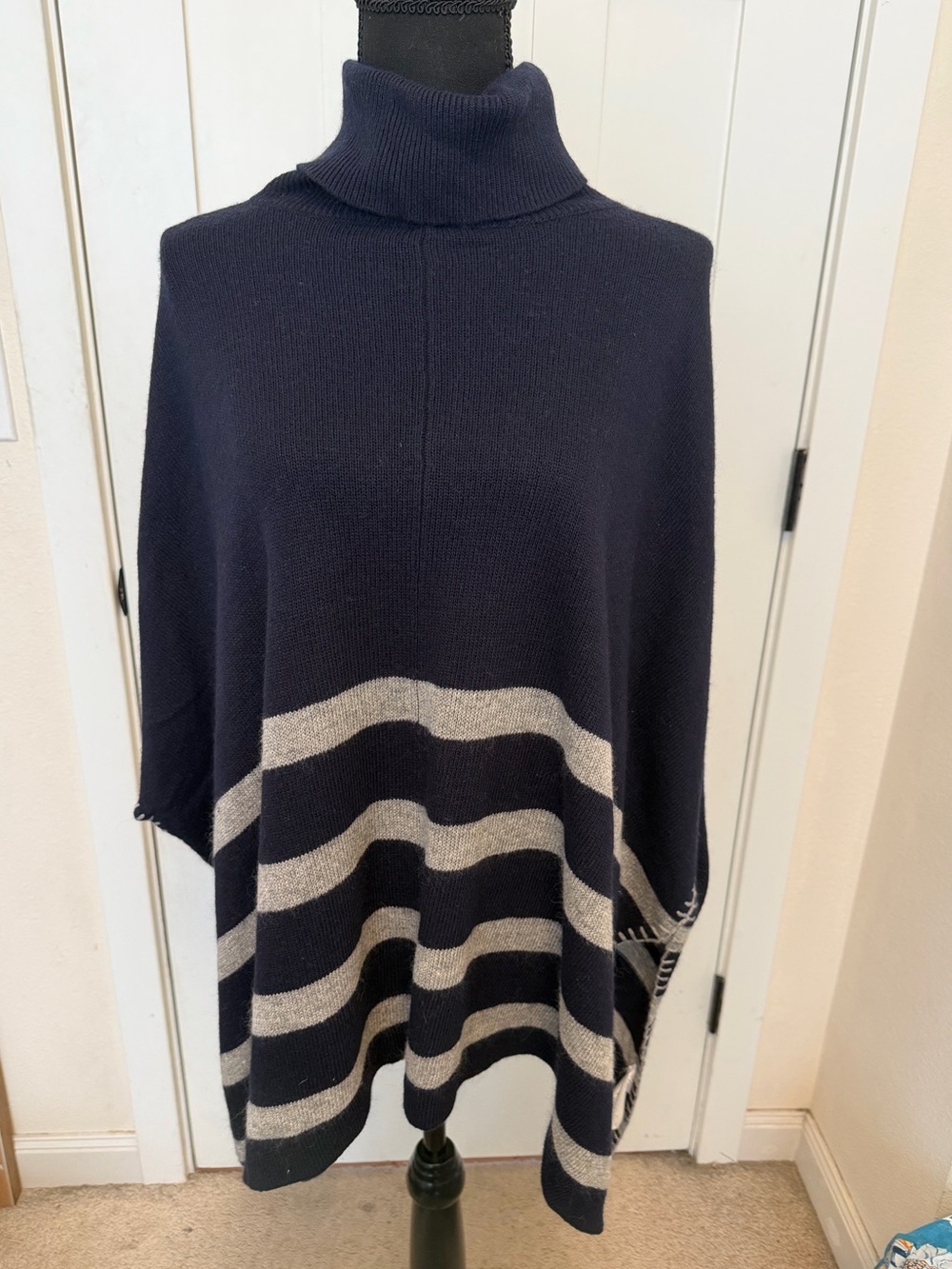 Love Token Poncho Sweater Navy Gray Stripe Kimono Soft Turtle Neck Angora